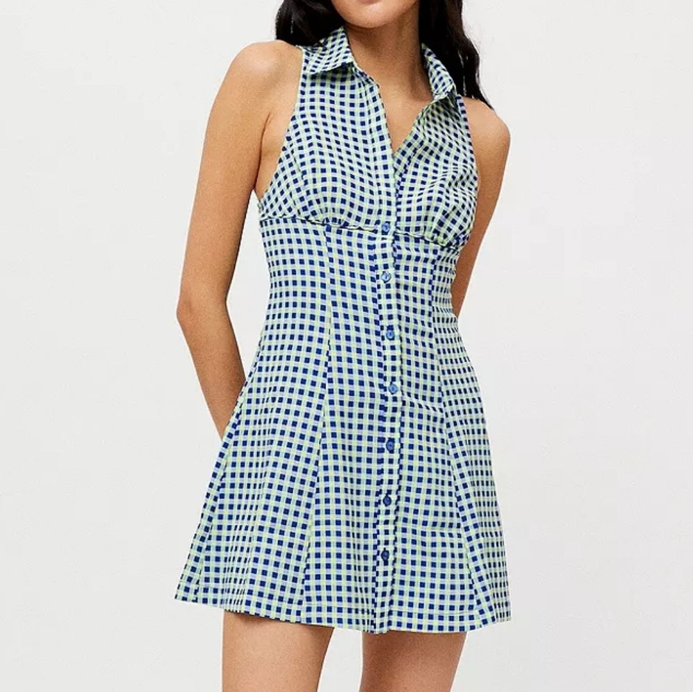 Urban Outfitters Tia Blue Halter Gingham Plaid Button Front Tennis Mini Dress